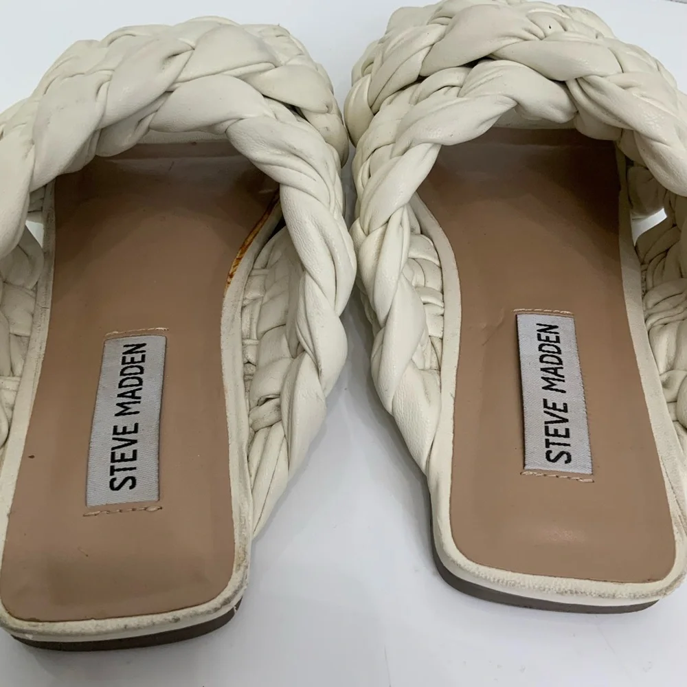 STEVE‎ MADDEN Sz 6.5 Ivory Marina Square Toe Chunky Woven Slip On Slide Sandals